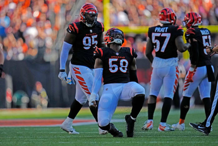 Cincinnati Bengals defensive end Joseph Ossai (58) celebrates a sack in the fourth quarter of the NFL Week 7 game between the Cincinnati Bengals and the Atlanta Falcons at Paycor Stadium in downtown Cincinnati on Sunday, Oct. 23, 2022. The Bengals won 35-17. Mandatory Credit: Sam Greene-The Enquirer Atlanta Falcons At Cincinnati Bengals Nfl Week 7